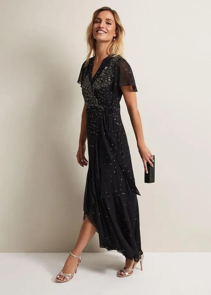 Phase Eight Melody Sequin Feather Maxi Dress Black Women Dresses