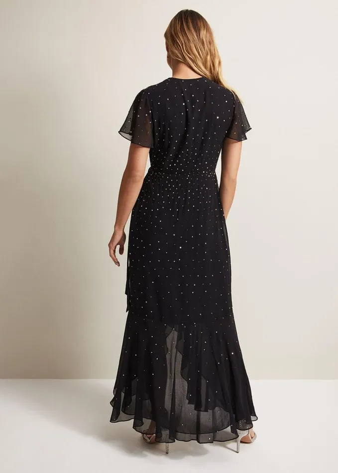 Phase Eight Melody Sequin Feather Maxi Dress Black Women Dresses