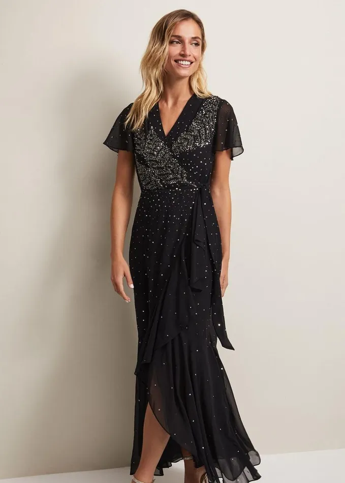 Phase Eight Melody Sequin Feather Maxi Dress Black Women Dresses