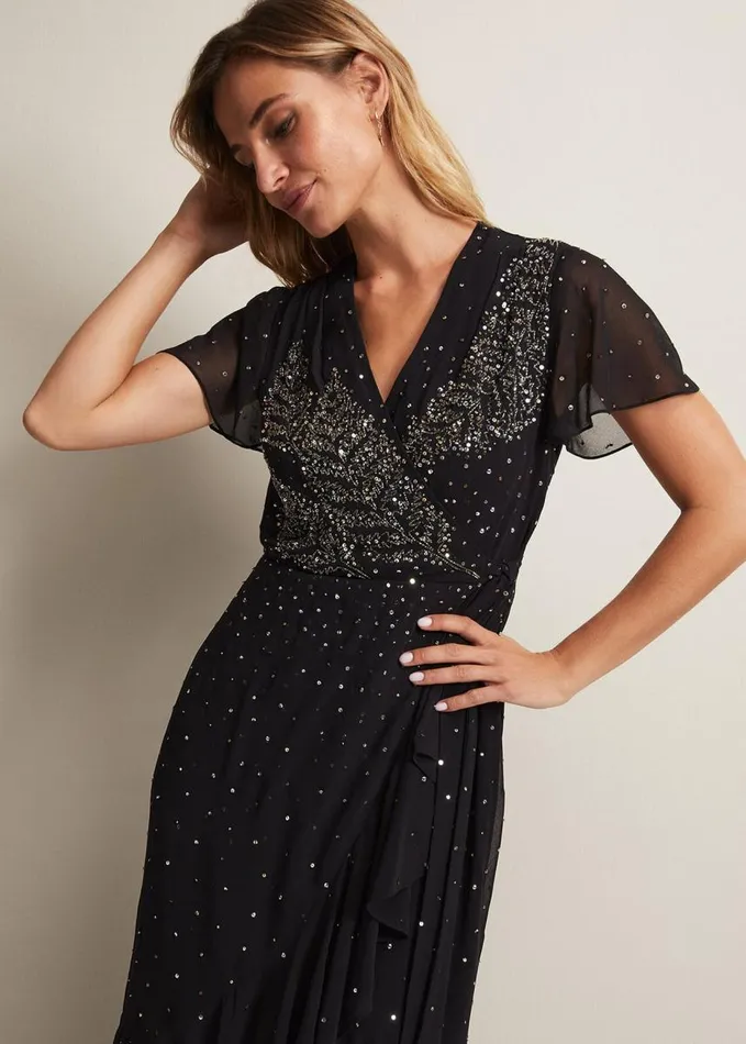Phase Eight Melody Sequin Feather Maxi Dress Black Women Dresses