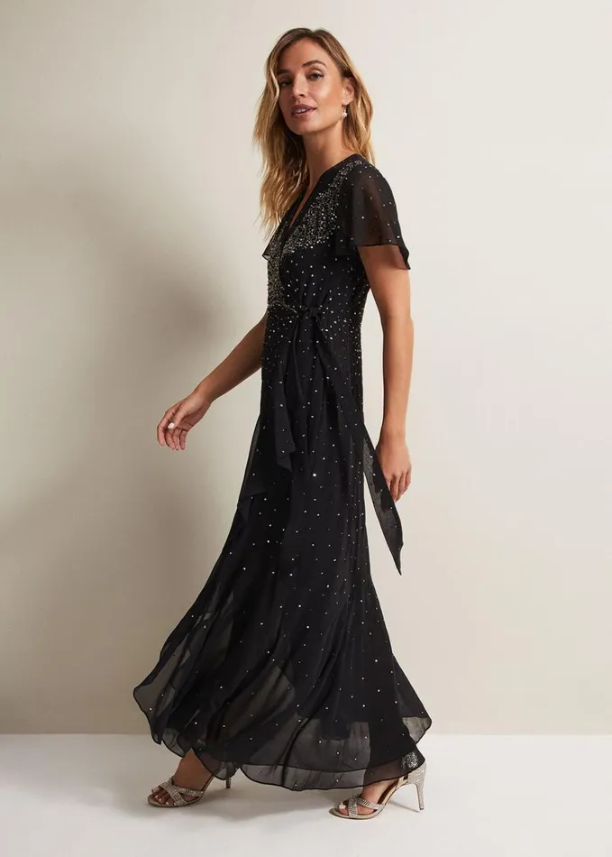 Phase Eight Melody Sequin Feather Maxi Dress Black Women Dresses