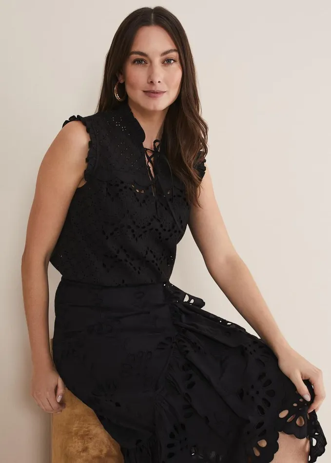 Phase Eight Mollie Broderie Sleeveless Blouse Black Women Shirts and Blouses