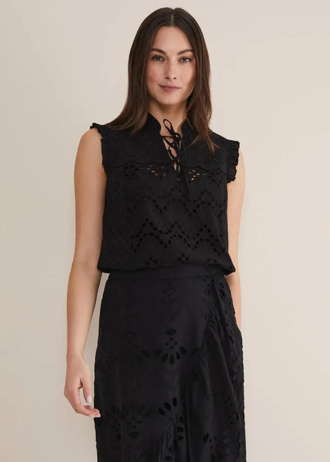 Phase Eight Mollie Broderie Sleeveless Blouse Black Women Shirts and Blouses