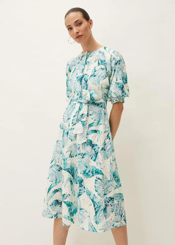 Phase Eight Palms Broderie Anglaise Printed Cotton Dress Aquamarineivory Women Dresses