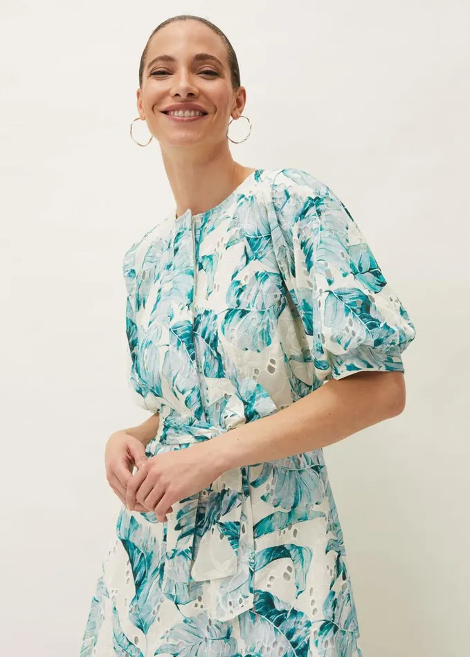 Phase Eight Palms Broderie Anglaise Printed Cotton Dress Aquamarineivory Women Dresses