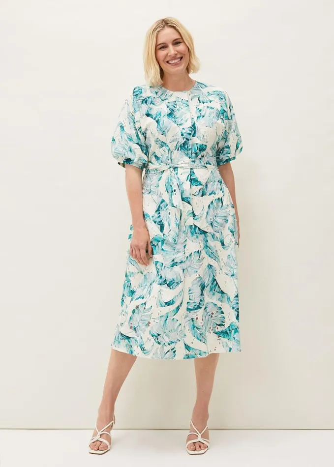 Phase Eight Palms Broderie Anglaise Printed Cotton Dress Aquamarineivory Women Dresses
