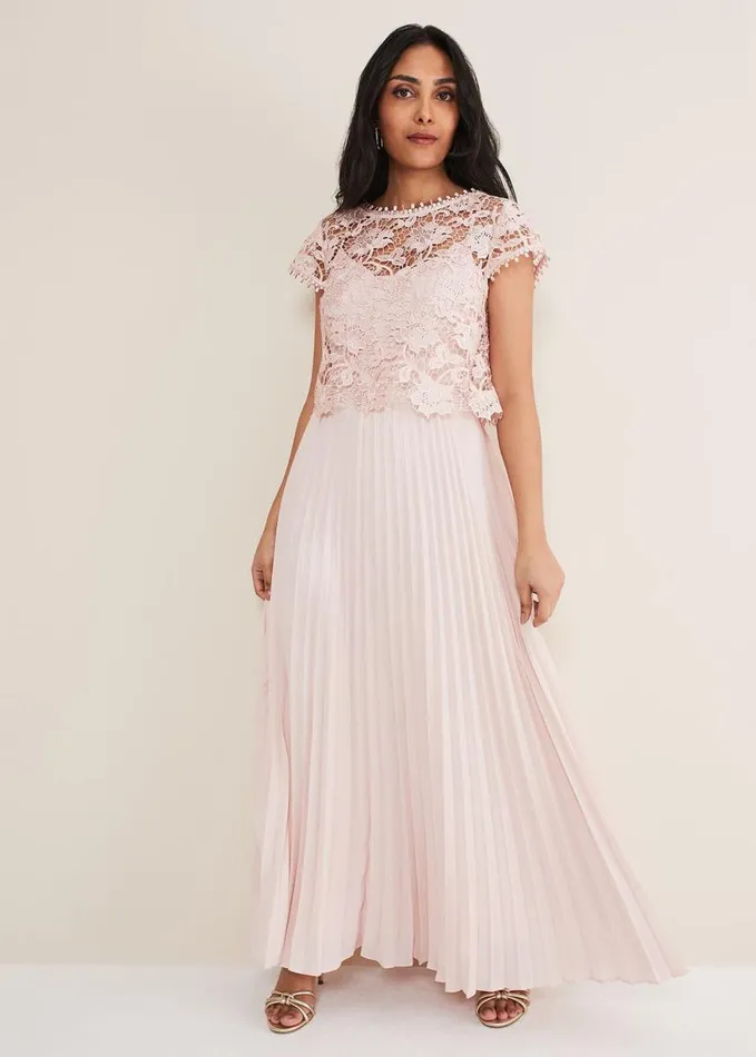 Phase Eight Petite Michelle Lace Pleated Maxi Dress Antique Rose Women Dresses