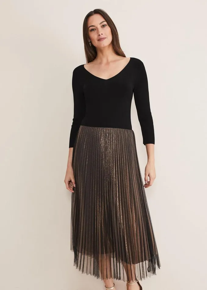 Phase Eight Rayen Pleated Mesh Skirt Dress Rose Gold Women Dresses
