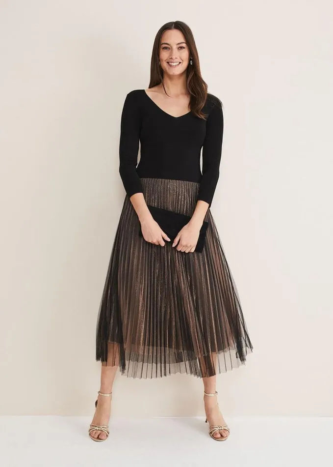 Phase Eight Rayen Pleated Mesh Skirt Dress Rose Gold Women Dresses