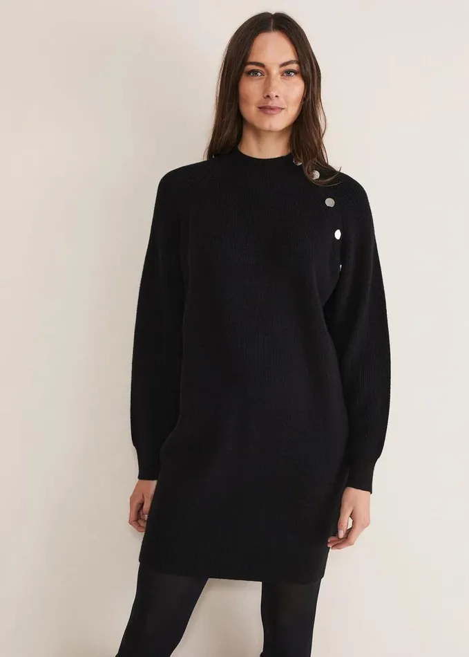 Phase Eight Reeva Cosy Button Detail Dress Black Women Dresses