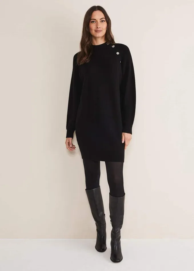 Phase Eight Reeva Cosy Button Detail Dress Black Women Dresses