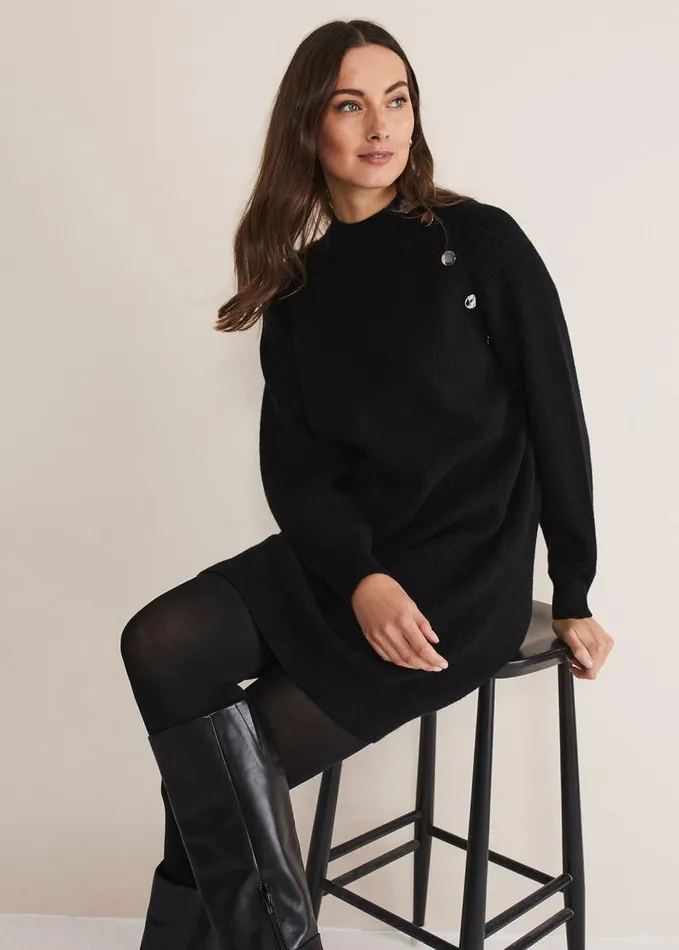 Phase Eight Reeva Cosy Button Detail Dress Black Women Dresses