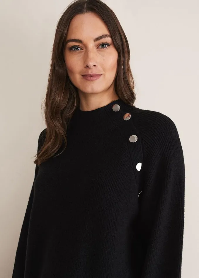 Phase Eight Reeva Cosy Button Detail Dress Black Women Dresses