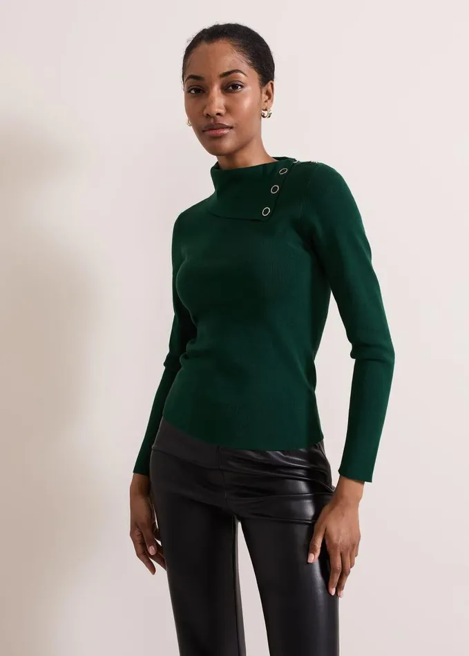 Phase Eight Regina Popper Collar Ribbed Top Green Women Knitwear