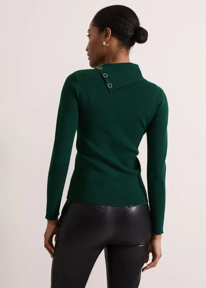 Phase Eight Regina Popper Collar Ribbed Top Green Women Knitwear