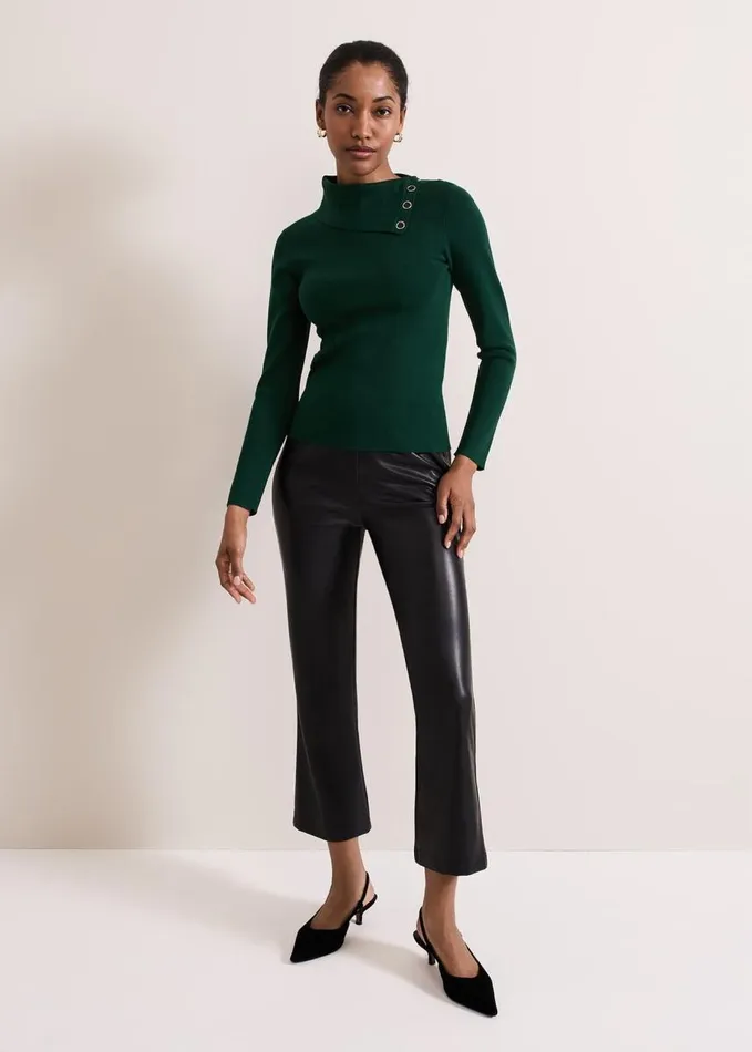 Phase Eight Regina Popper Collar Ribbed Top Green Women Knitwear
