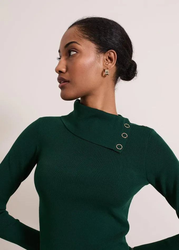 Phase Eight Regina Popper Collar Ribbed Top Green Women Knitwear