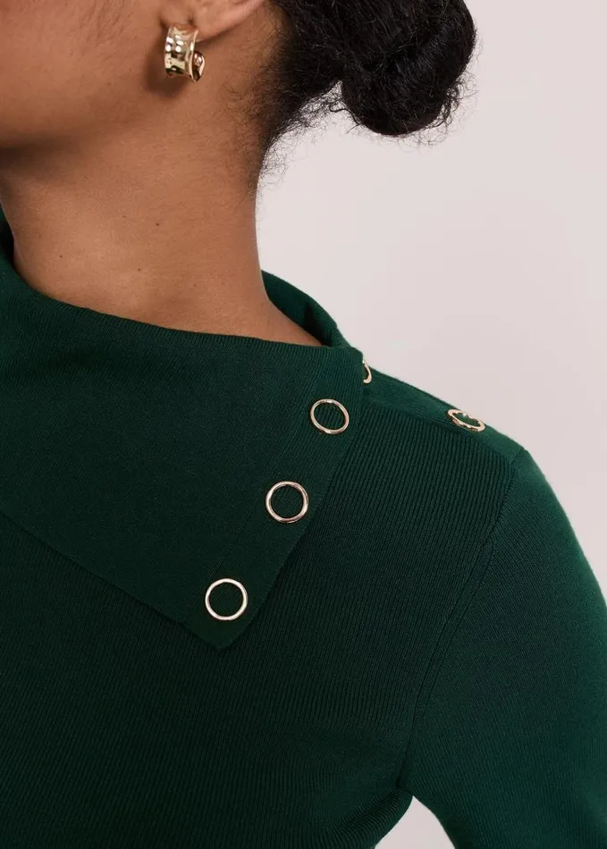 Phase Eight Regina Popper Collar Ribbed Top Green Women Knitwear