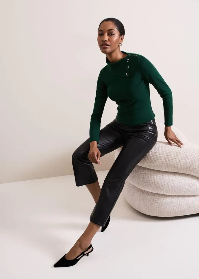 Phase Eight Regina Popper Collar Ribbed Top Green Women Knitwear