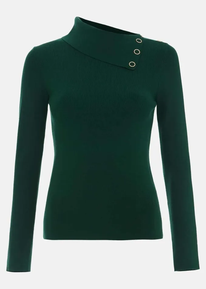 Phase Eight Regina Popper Collar Ribbed Top Green Women Knitwear