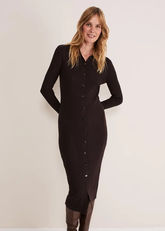 Phase Eight Rosa Ribbed Button Through Dress Chocolate Women Knitwear