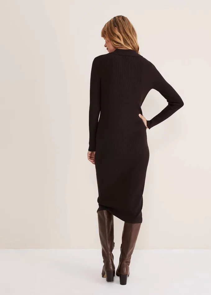 Phase Eight Rosa Ribbed Button Through Dress Chocolate Women Knitwear
