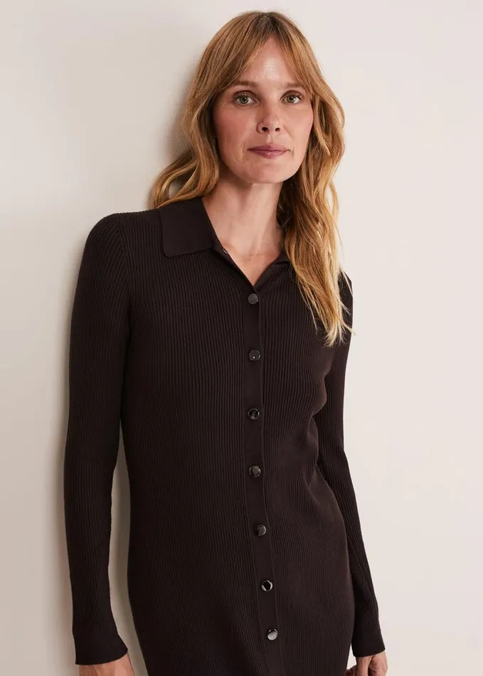 Phase Eight Rosa Ribbed Button Through Dress Chocolate Women Knitwear