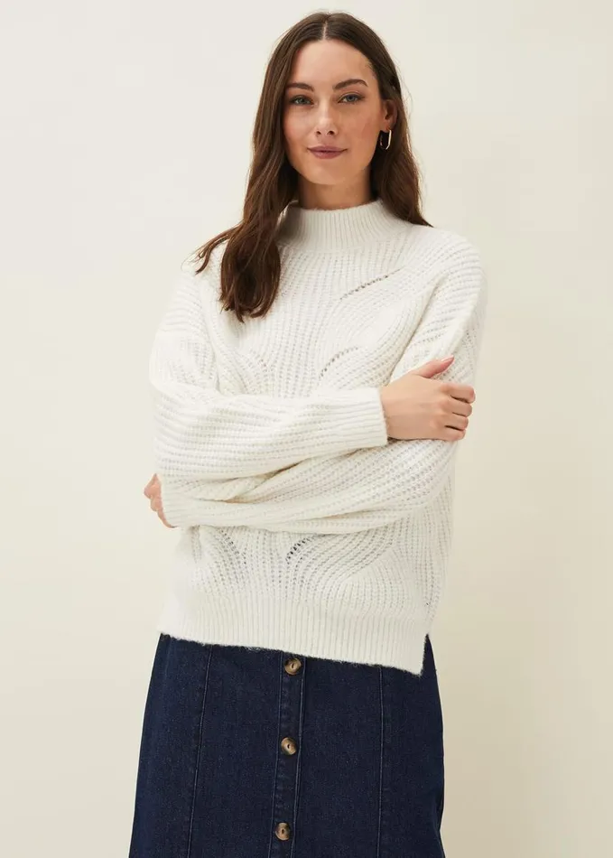 Phase Eight Ruby Fluffy Decorative Open Stitch Jumper White Women Knitwear