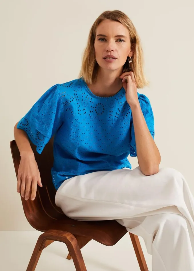 Phase Eight Sage Broderie Top Blue Women Shirts and Blouses