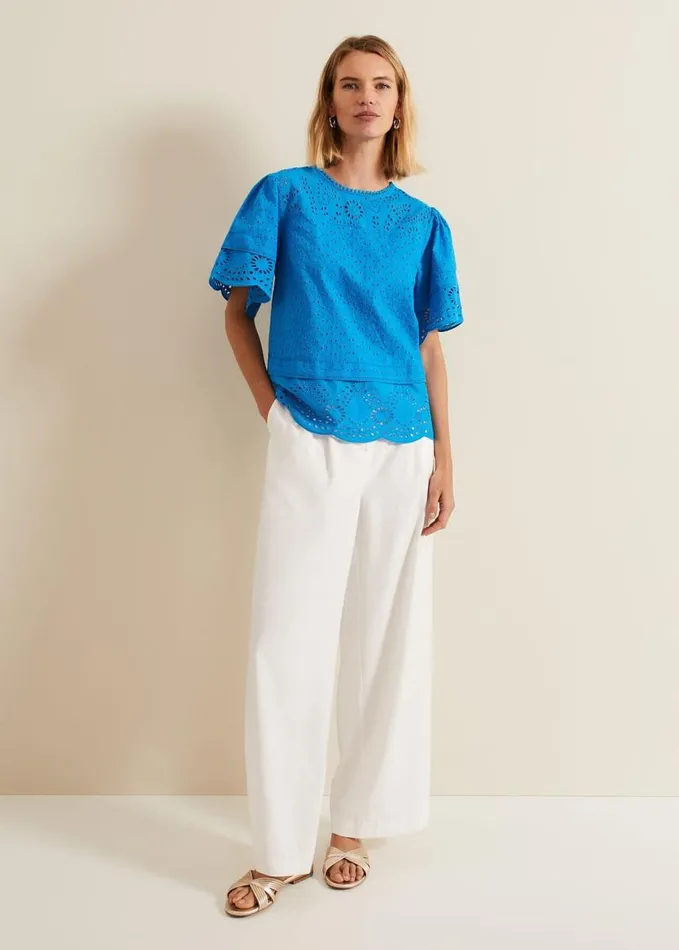 Phase Eight Sage Broderie Top Blue Women Shirts and Blouses