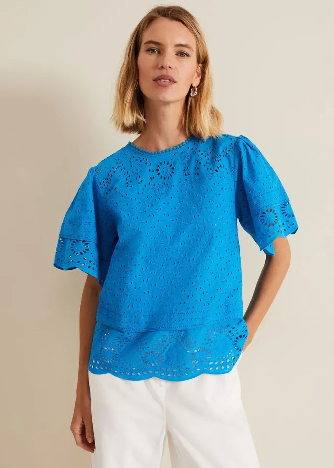 Phase Eight Sage Broderie Top Blue Women Shirts and Blouses