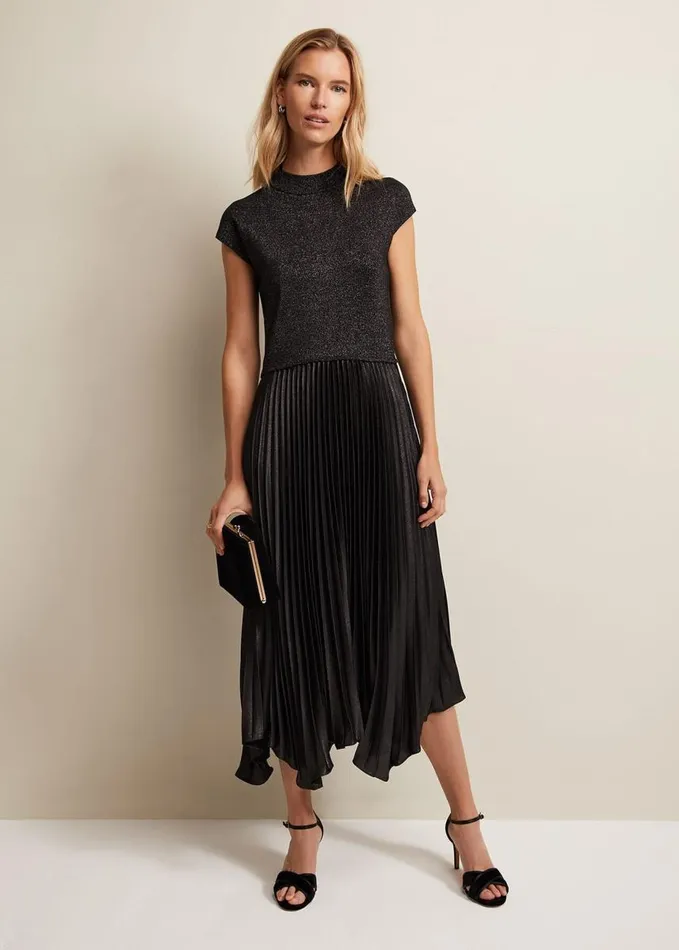 Phase Eight Selena Foil Pleated Midi Dress Gunmetal Women Dresses