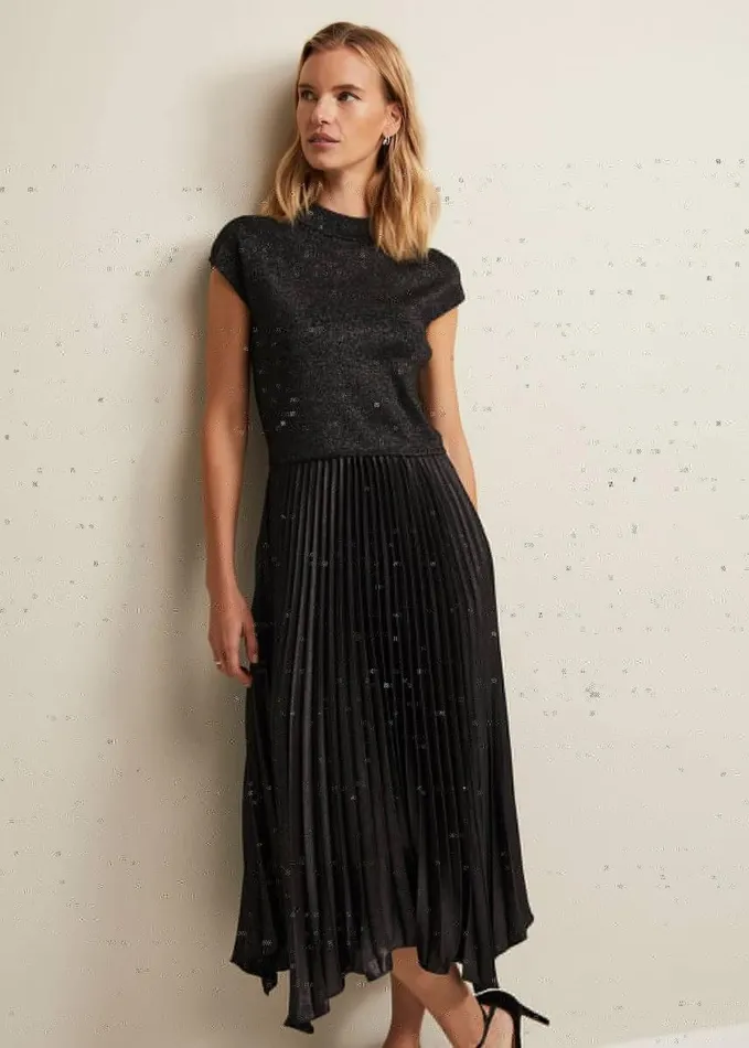 Phase Eight Selena Foil Pleated Midi Dress Gunmetal Women Dresses