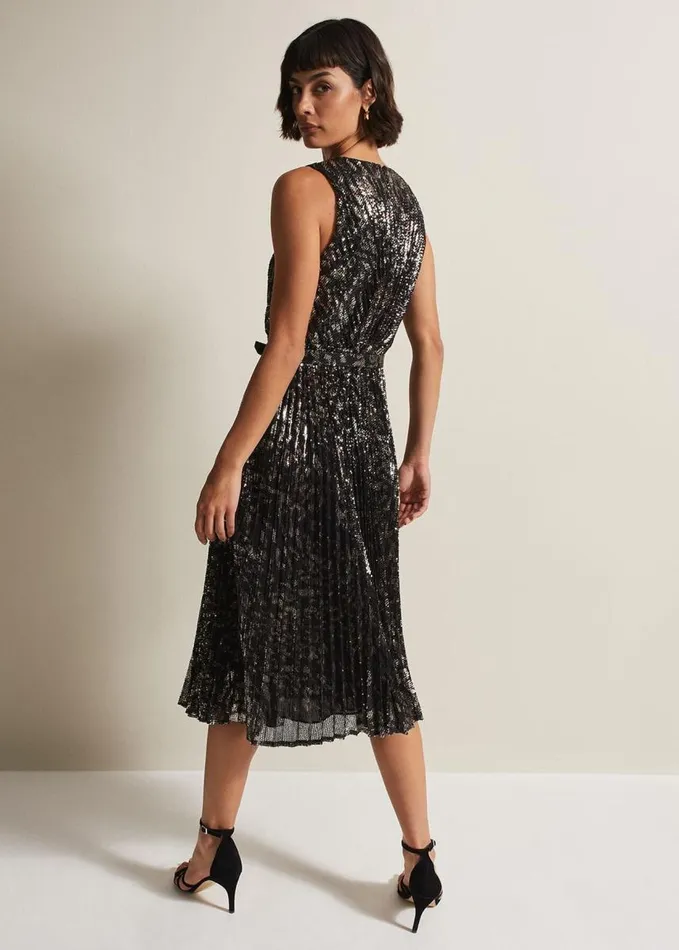 Phase Eight Simara Leopard Sequin Pleated Midi Dress Multicoloured Women Dresses