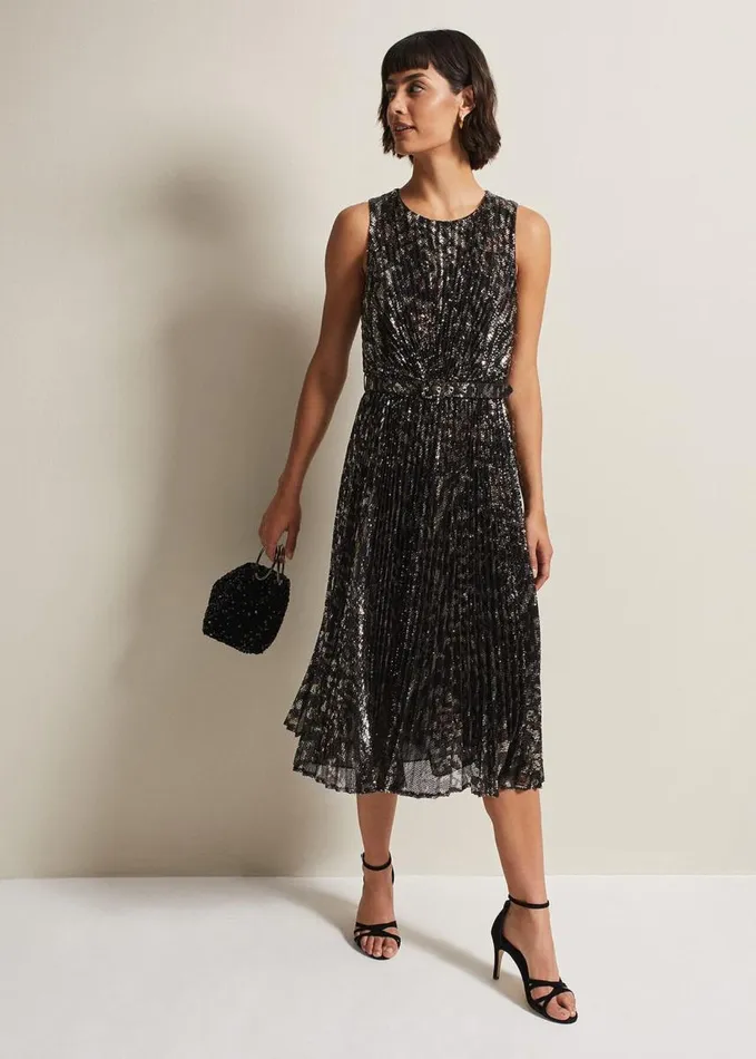 Phase Eight Simara Leopard Sequin Pleated Midi Dress Multicoloured Women Dresses