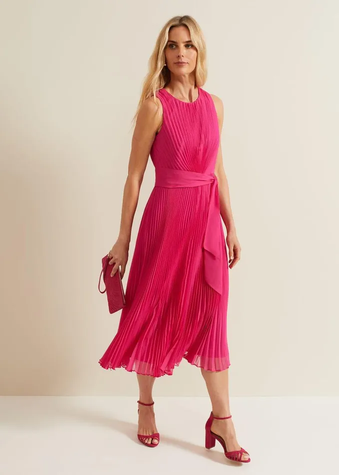 Phase Eight Simara Pleated Midi Dress Pink Women Dresses