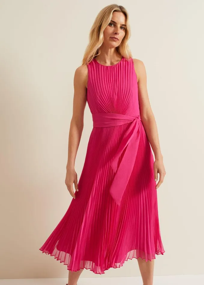 Phase Eight Simara Pleated Midi Dress Pink Women Dresses