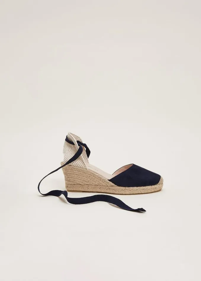 Phase Eight Suede Ankle Tie Espadrille Shoe Navy Women Heels
