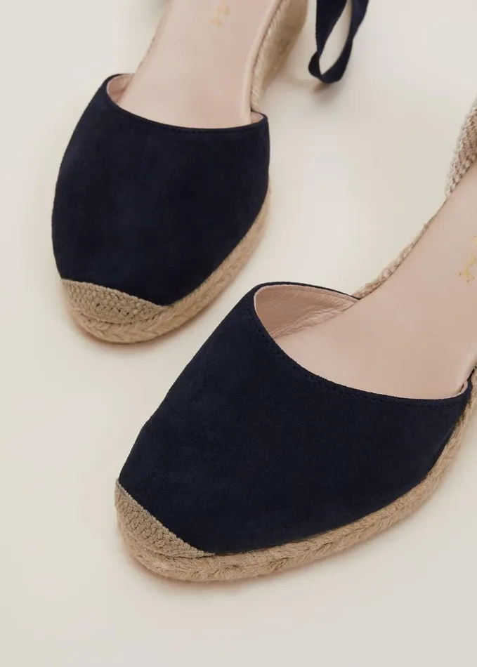 Phase Eight Suede Ankle Tie Espadrille Shoe Navy Women Heels