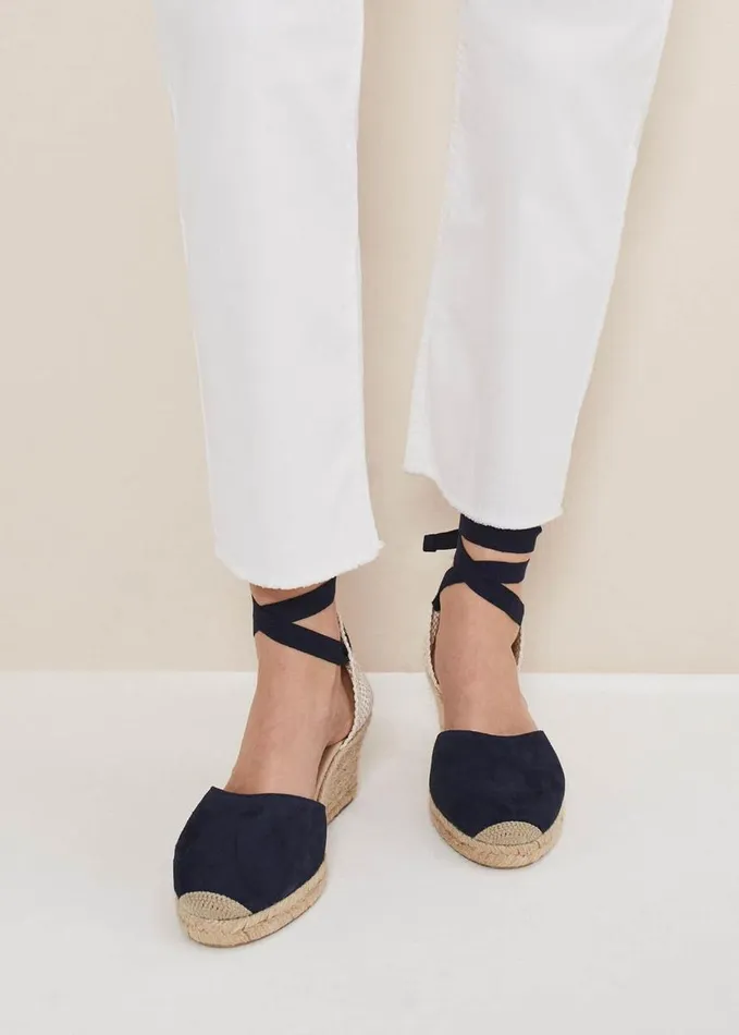 Phase Eight Suede Ankle Tie Espadrille Shoe Navy Women Heels