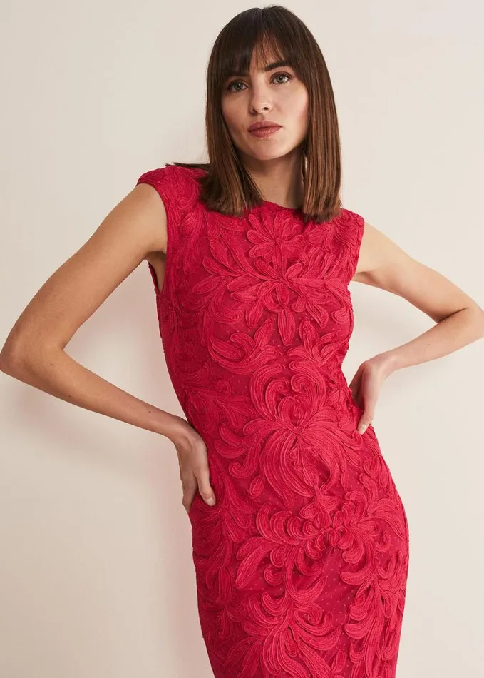 Phase Eight Tania Tapework Mini Dress Raspberry Women Dresses