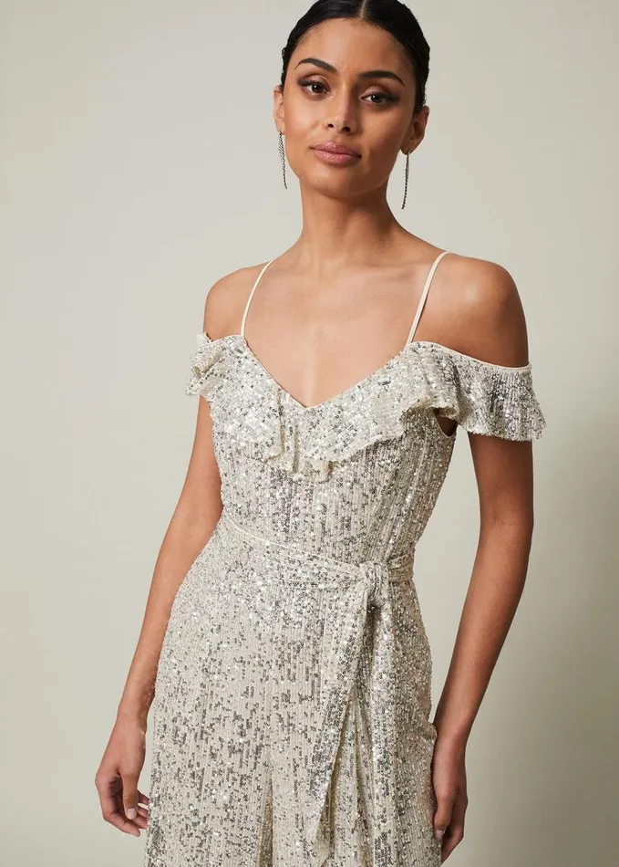Phase Eight Tazanna Sequin Wide Leg Jumpsuit Silver Women Dresses