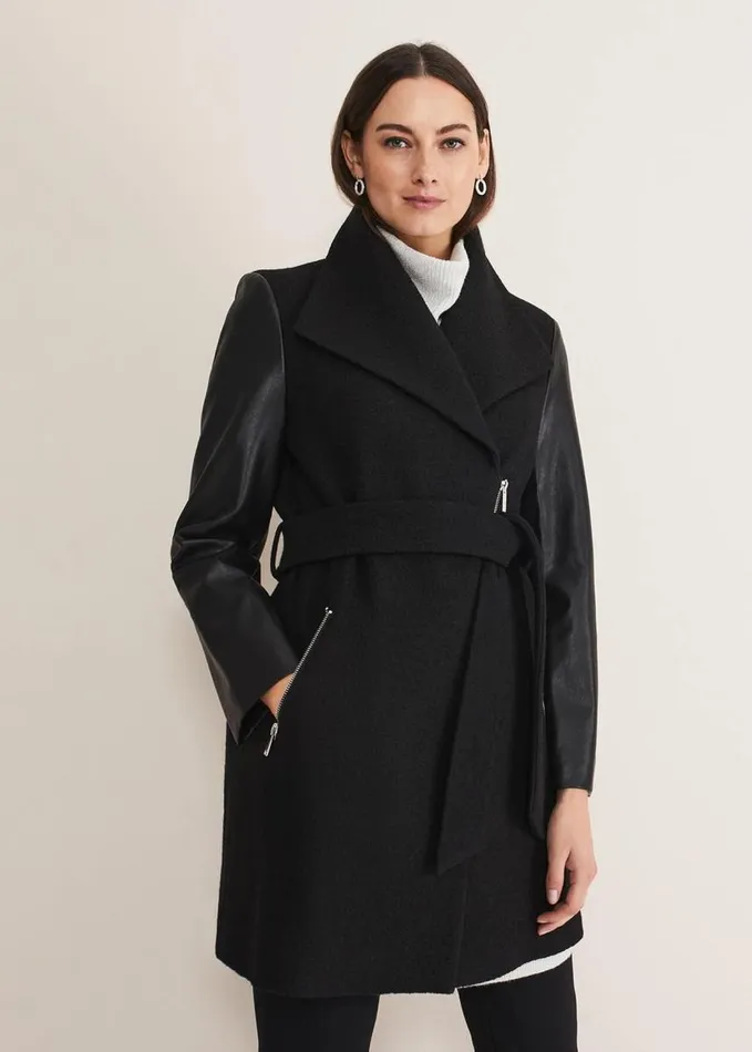 Phase Eight Tori Wool Contrast Sleeve Coat Black Women Coats
