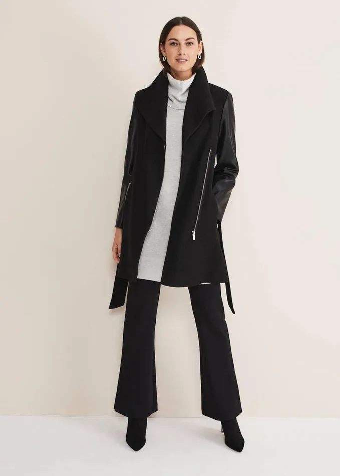 Phase Eight Tori Wool Contrast Sleeve Coat Black Women Coats