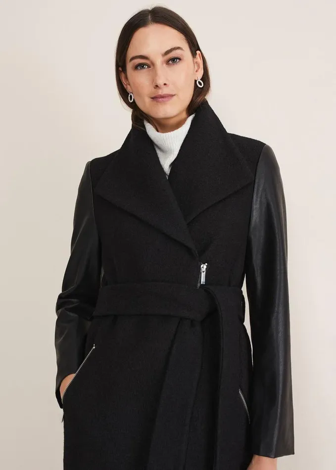Phase Eight Tori Wool Contrast Sleeve Coat Black Women Coats
