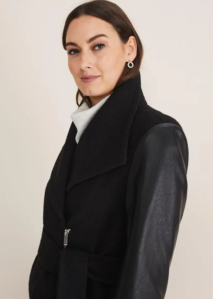 Phase Eight Tori Wool Contrast Sleeve Coat Black Women Coats