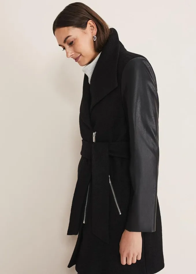 Phase Eight Tori Wool Contrast Sleeve Coat Black Women Coats