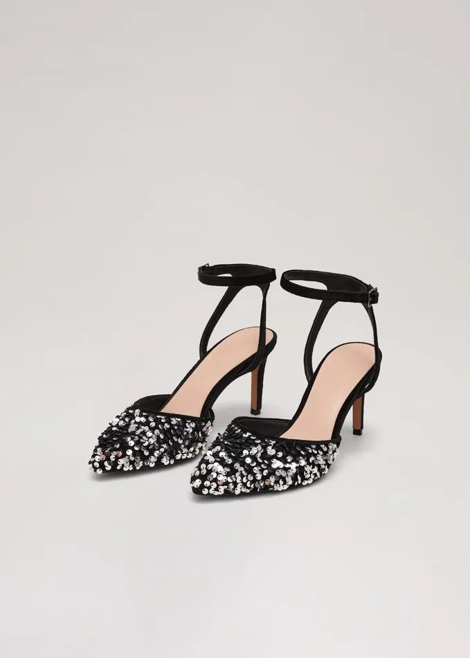Phase Eight Velvet and Sequin Pointed Ankle Strap Shoe Multicoloured Women Occasion Shoes