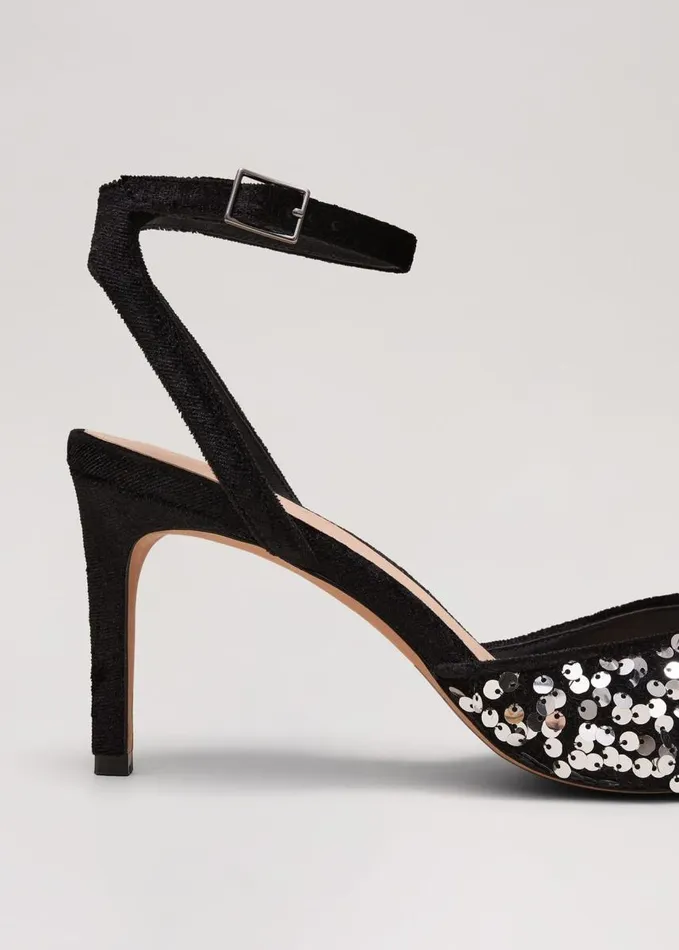 Phase Eight Velvet and Sequin Pointed Ankle Strap Shoe Multicoloured Women Occasion Shoes