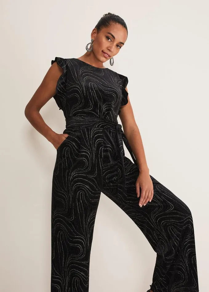 Phase Eight Victoriana Swirl Velvet Jumpsuit Blackgold Women Jumpsuits